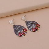 Handmade Black Textured Teardrop Earrings with Pink Gemstones – Statement Dangle Earrings