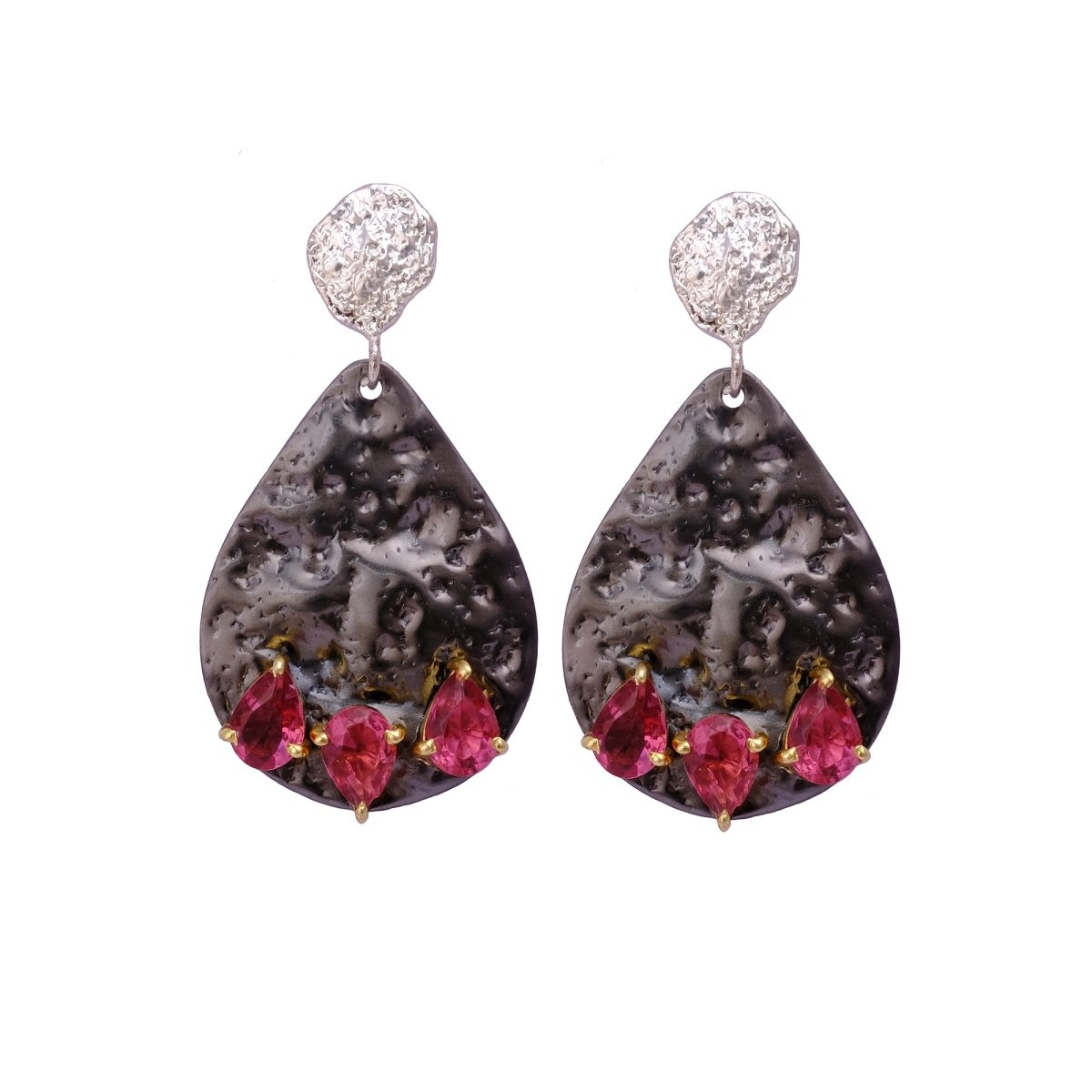 Handmade Black Textured Teardrop Earrings with Pink Gemstones – Statement Dangle Earrings