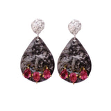 Handmade Black Textured Teardrop Earrings with Pink Gemstones – Statement Dangle Earrings