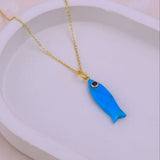 Handmade Blue Turquoise Fish Pendant Necklace, Minimalist Sea Life Jewelry 5287 Black