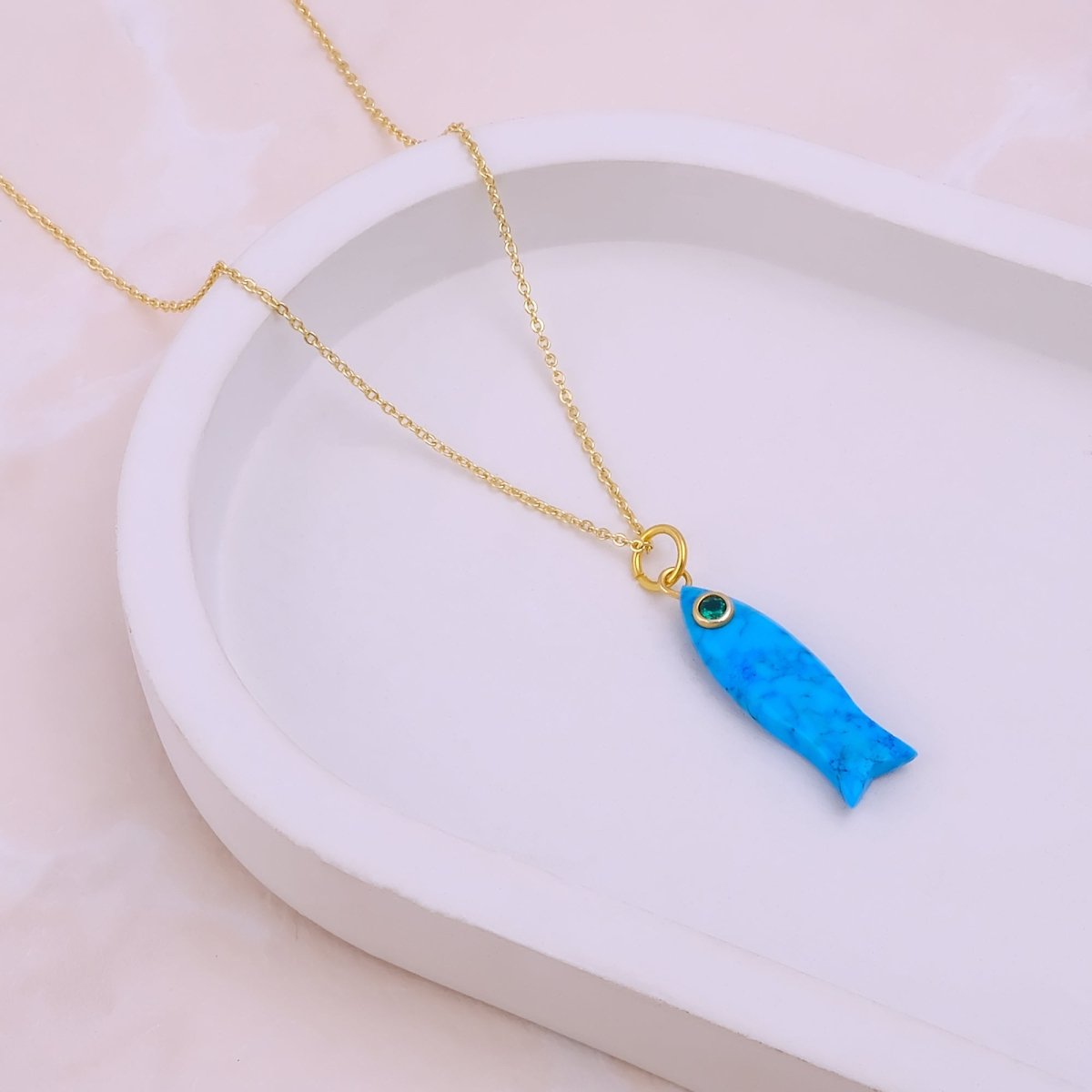 Handmade Blue Turquoise Fish Pendant Necklace, Minimalist Sea Life Jewelry 5287 Green