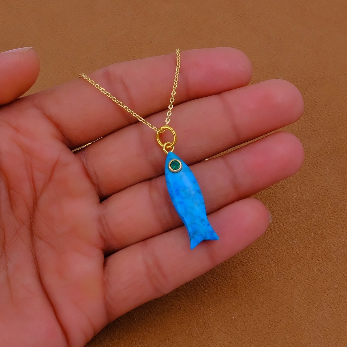 Handmade Blue Turquoise Fish Pendant Necklace, Minimalist Sea Life Jewelry 5287