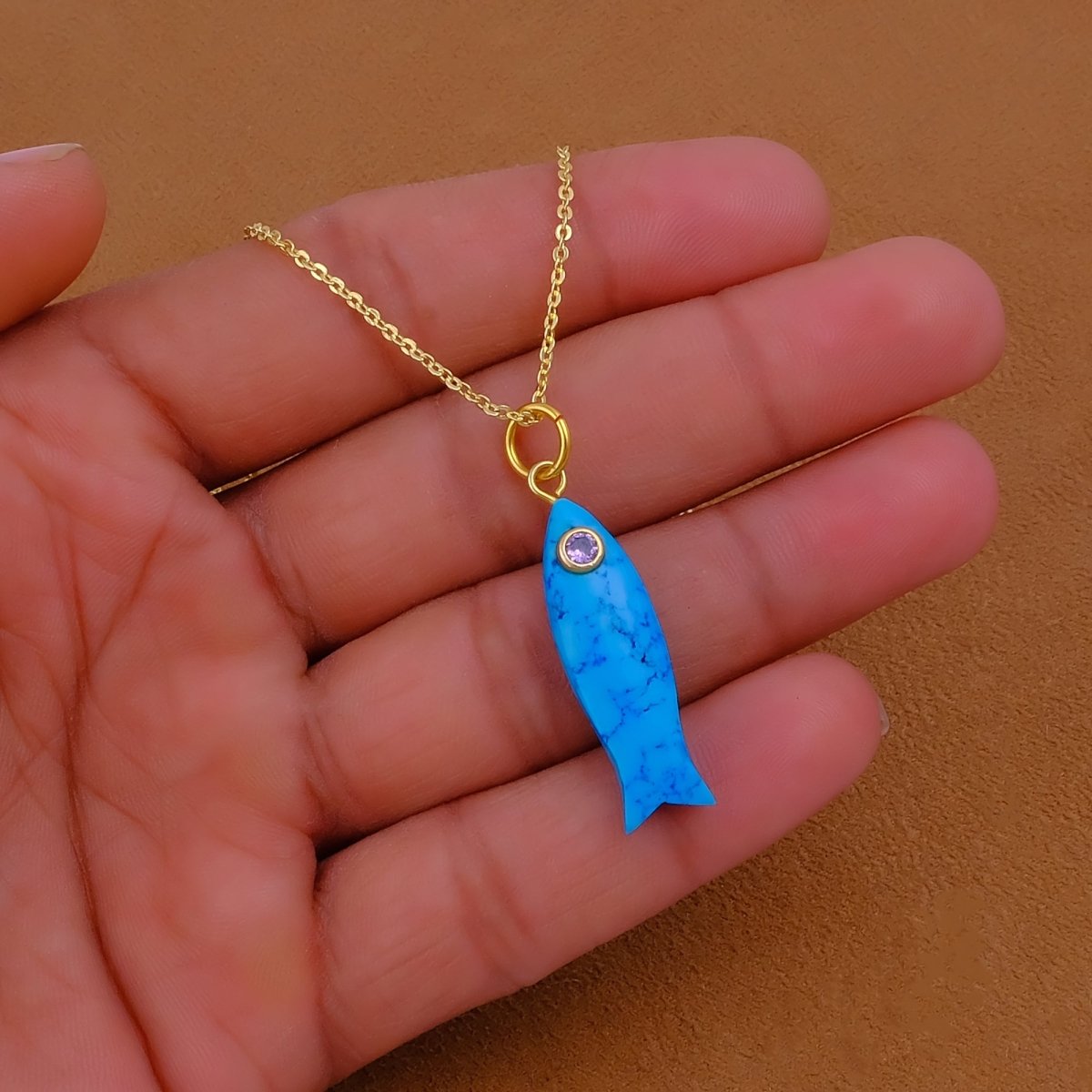 Handmade Blue Turquoise Fish Pendant Necklace, Minimalist Sea Life Jewelry 5287
