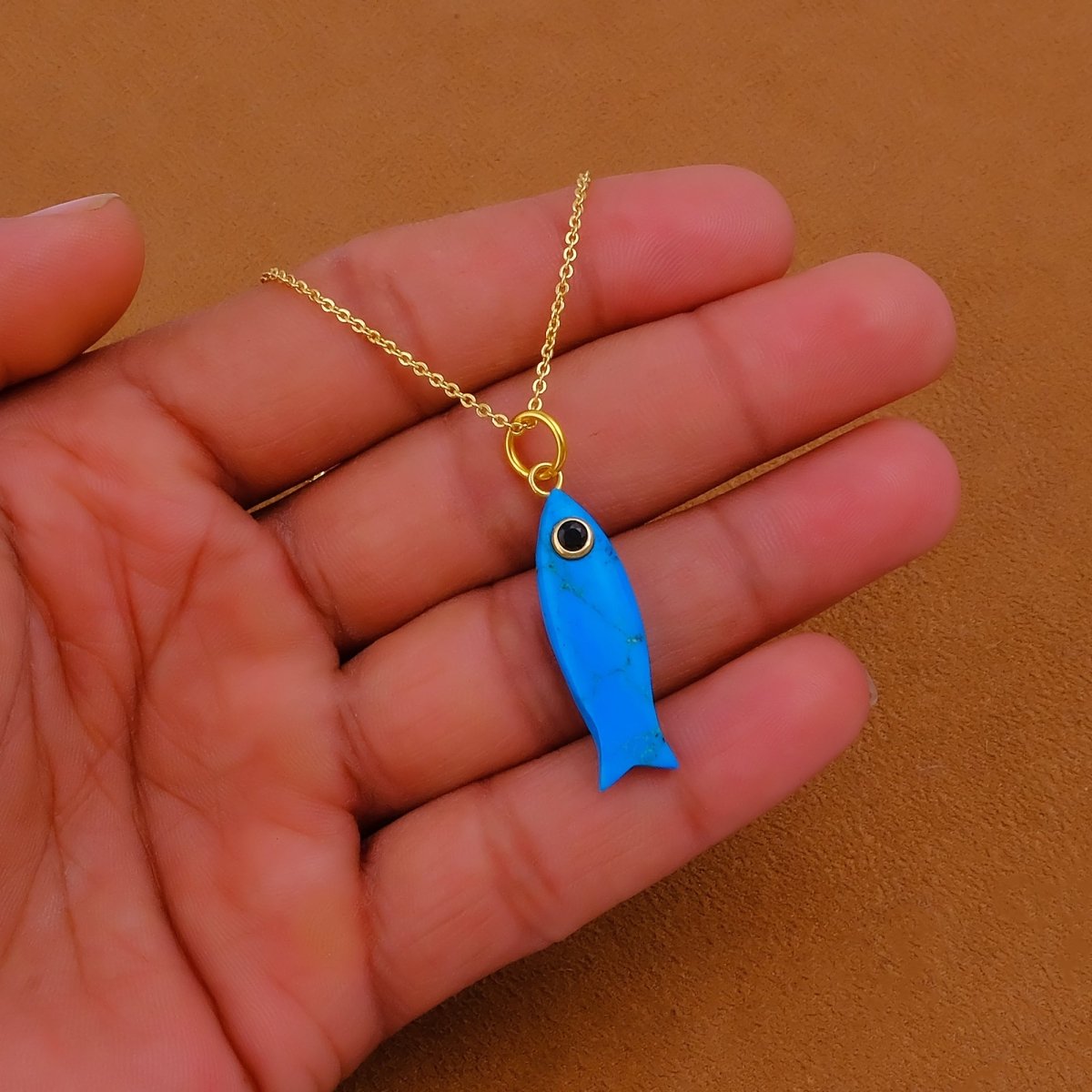 Handmade Blue Turquoise Fish Pendant Necklace, Minimalist Sea Life Jewelry 5287
