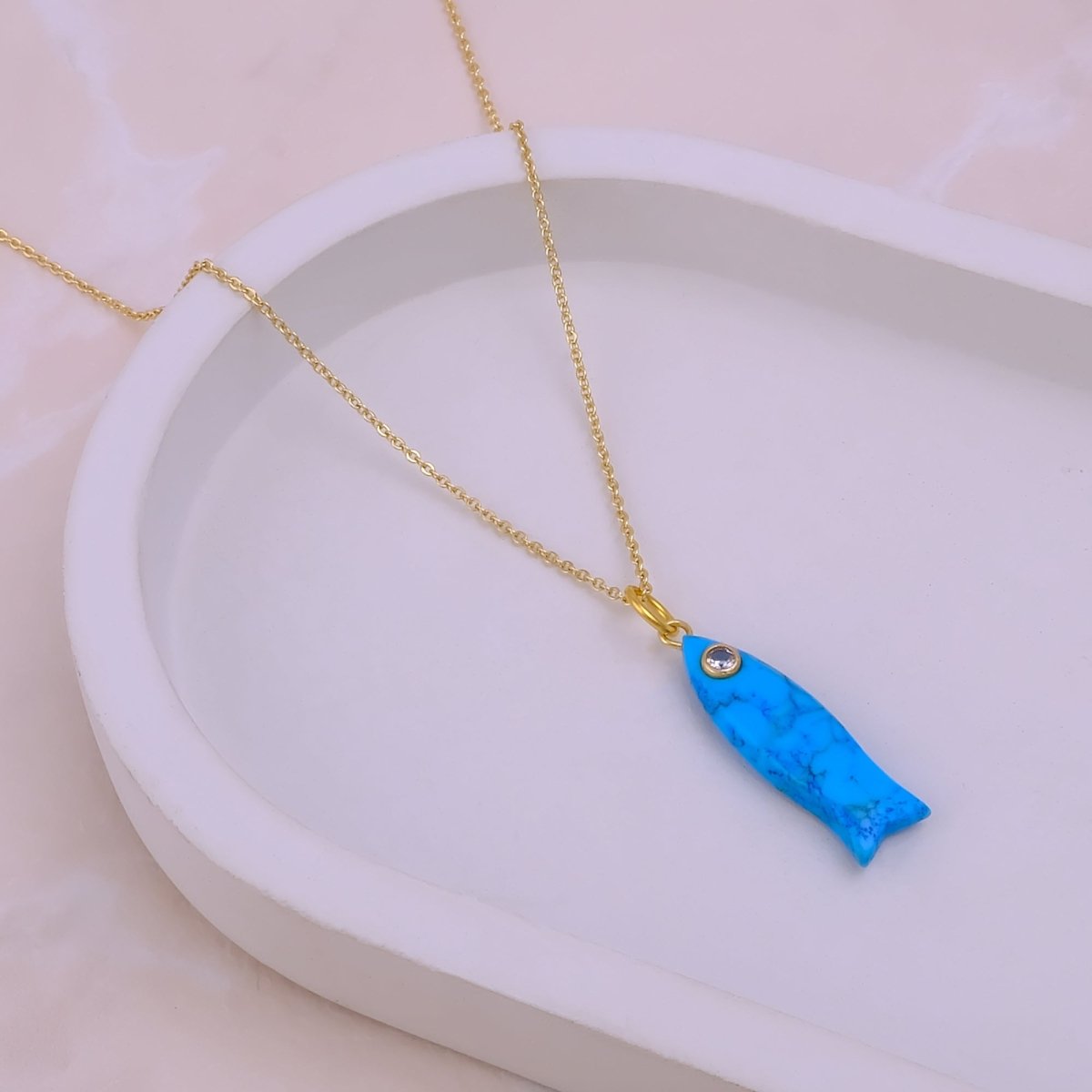 Handmade Blue Turquoise Fish Pendant Necklace, Minimalist Sea Life Jewelry 5287 White