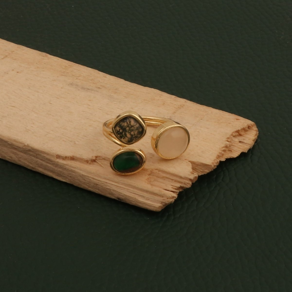 Handmade Gemstone Rings, Triple Stone Adjustable Gold Plated Jewelry CR - 1017