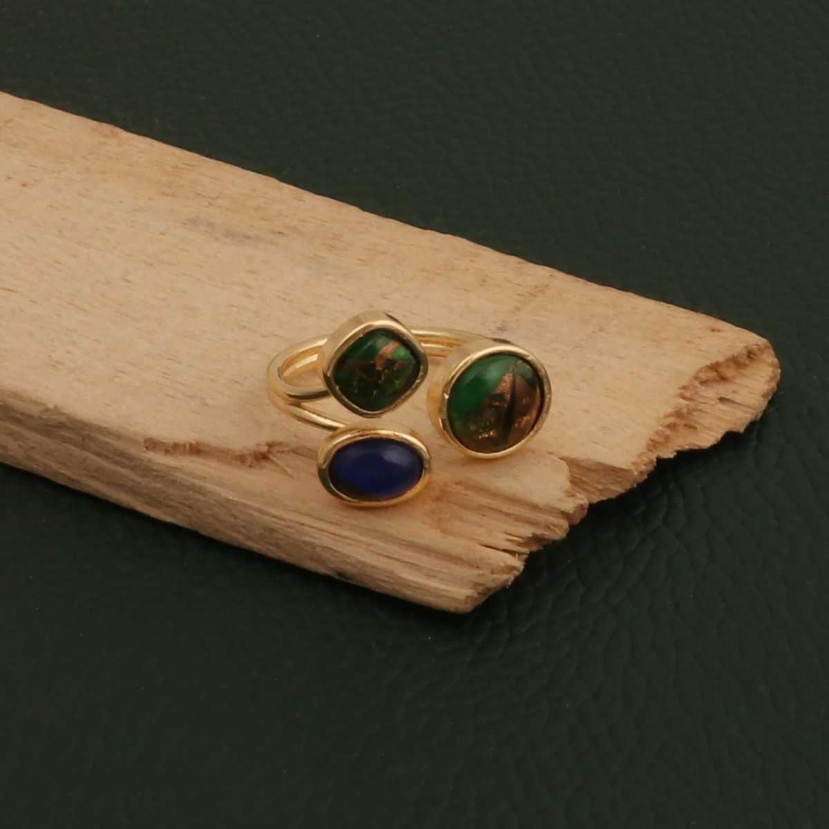 Handmade Gemstone Rings, Triple Stone Adjustable Gold Plated Jewelry CR - 1017