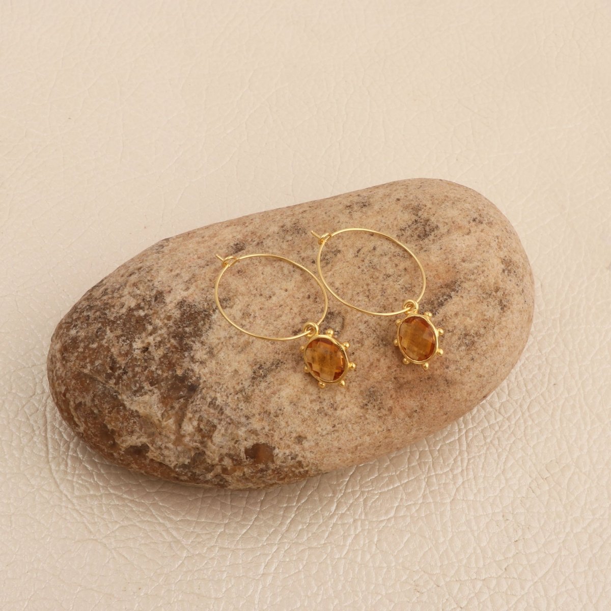 Handmade Gold Hoop Earrings with Citrine Gemstone, Boho Luxury Statement Jewelry 5275