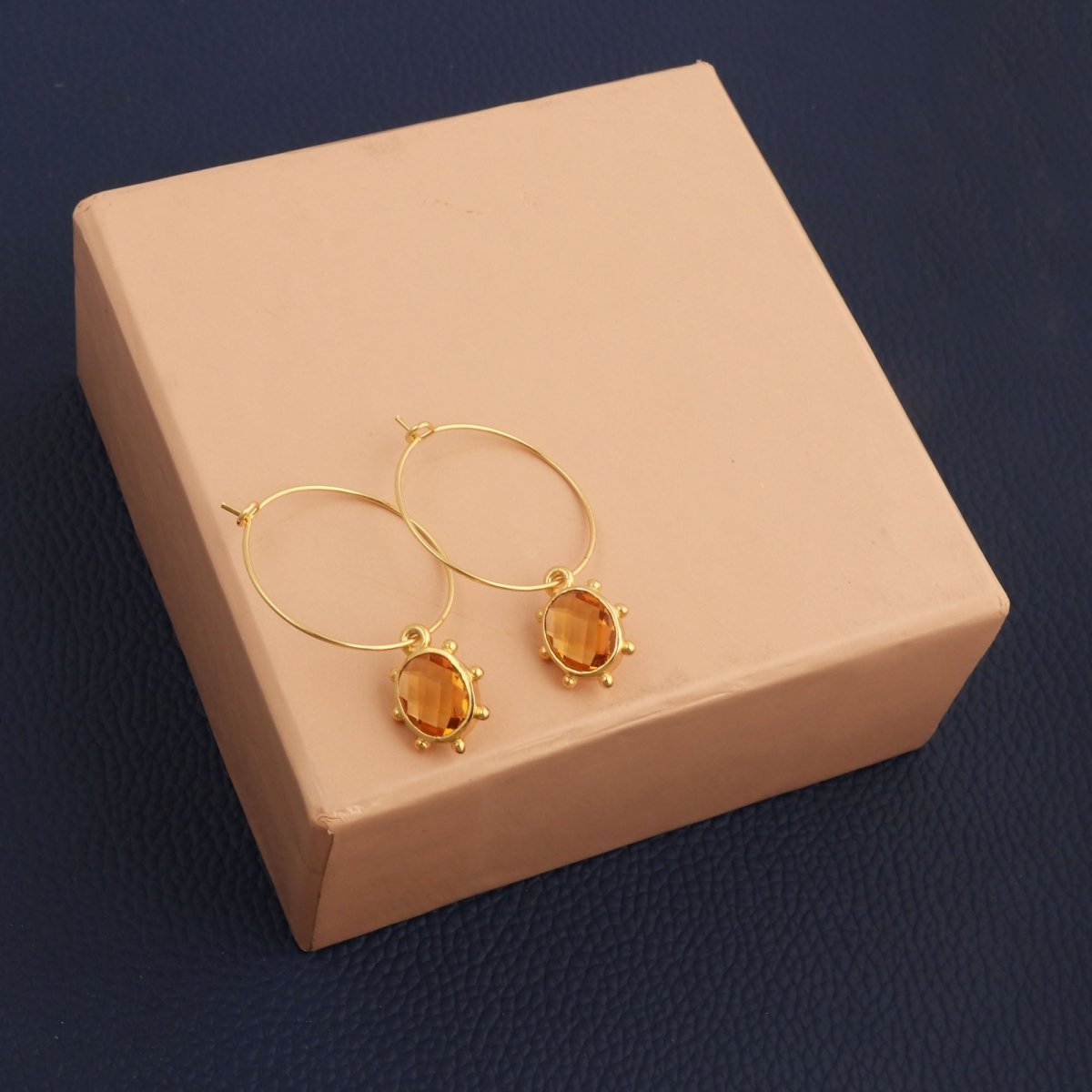 Handmade Gold Hoop Earrings with Citrine Gemstone, Boho Luxury Statement Jewelry 5275
