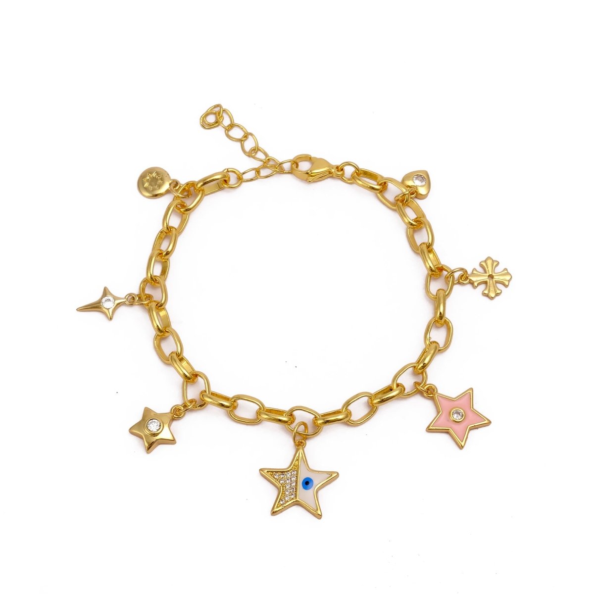 Handmade Gold Plated Charm Bracelet, Eclectic Boho Style Jewelry 5382