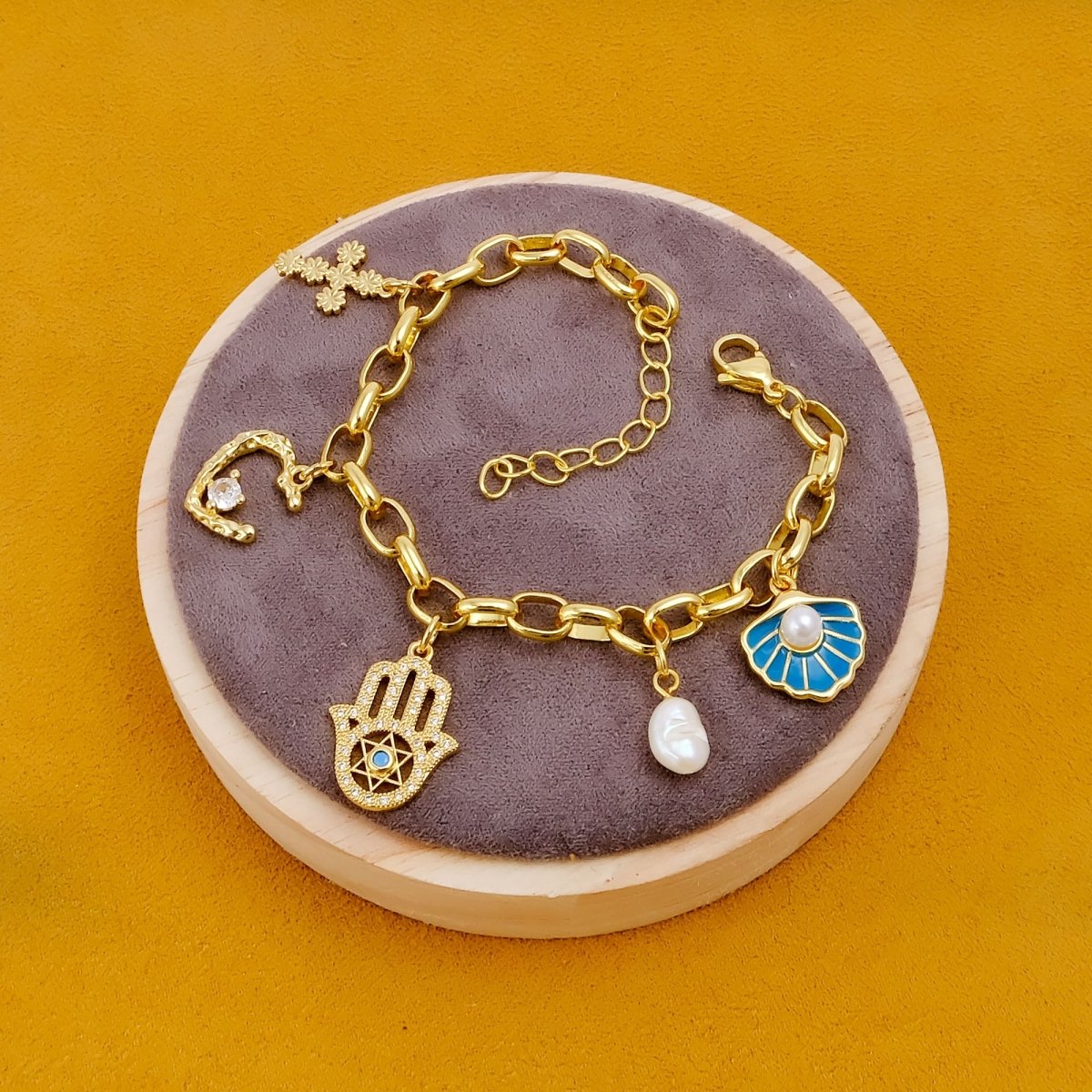 Handmade Gold Plated Charm Bracelet, Eclectic Boho Style Jewelry 5382