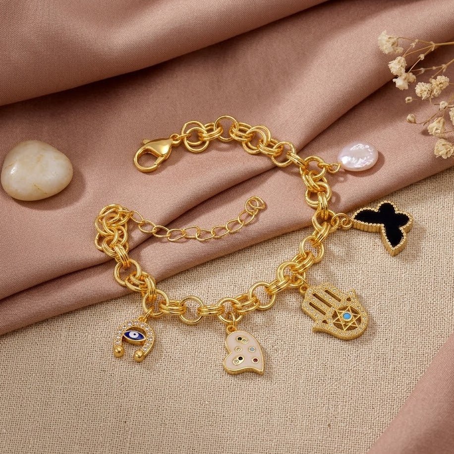 Handmade Gold Plated Charm Bracelet, Eclectic Boho Style Jewelry 5382