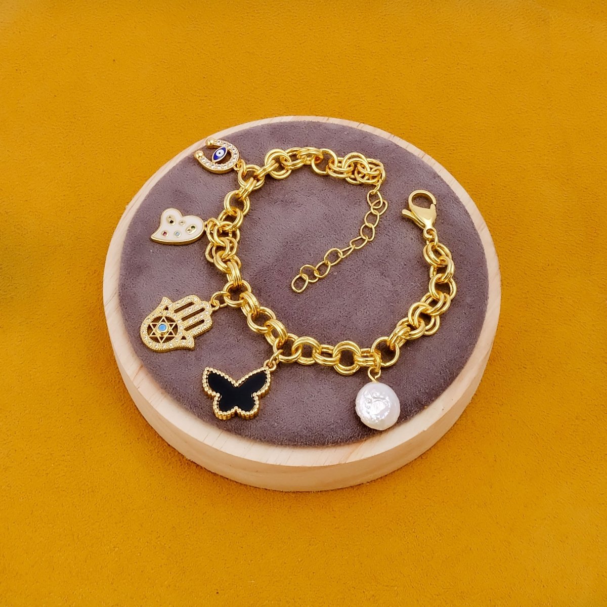 Handmade Gold Plated Charm Bracelet, Eclectic Boho Style Jewelry 5382