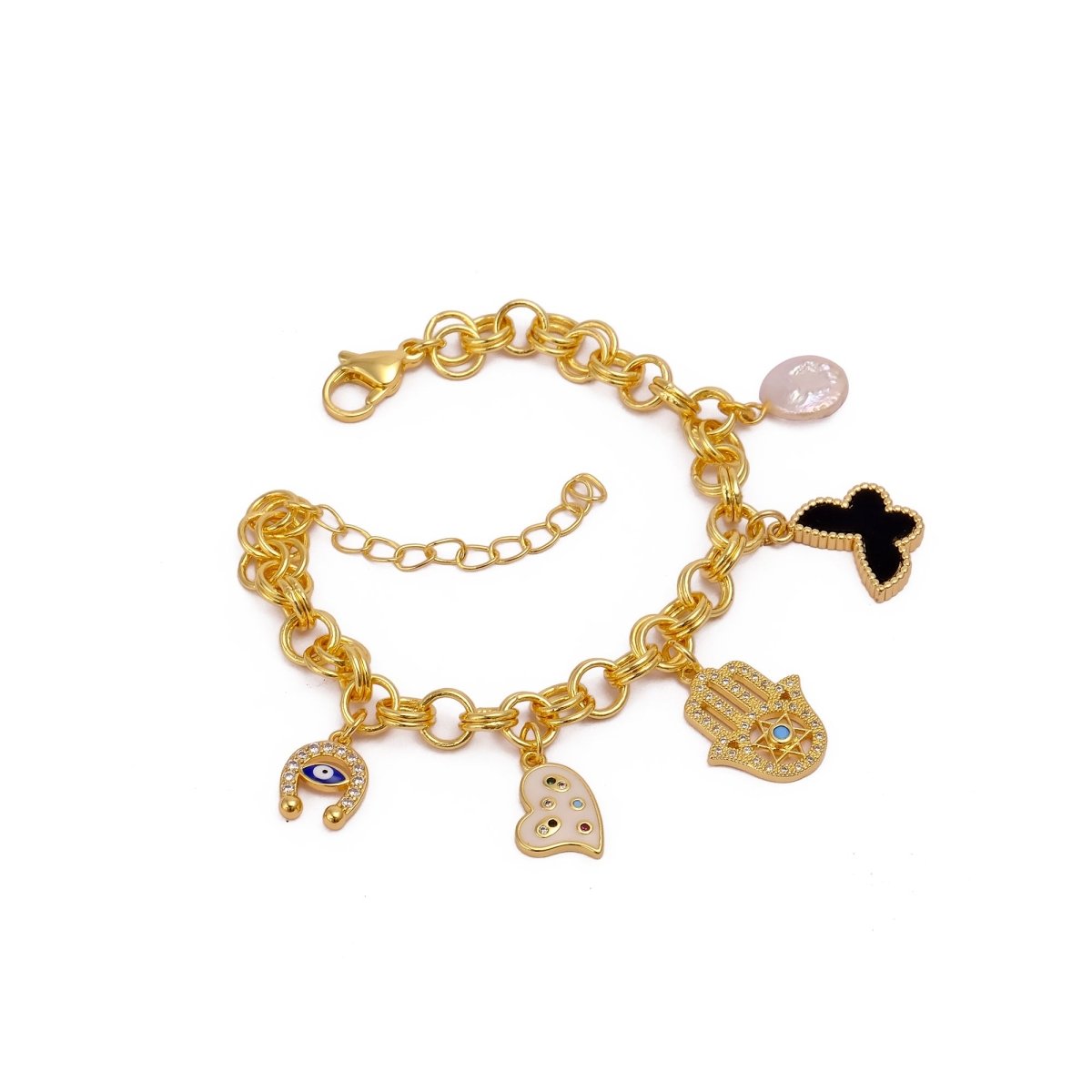 Handmade Gold Plated Charm Bracelet, Eclectic Boho Style Jewelry 5382