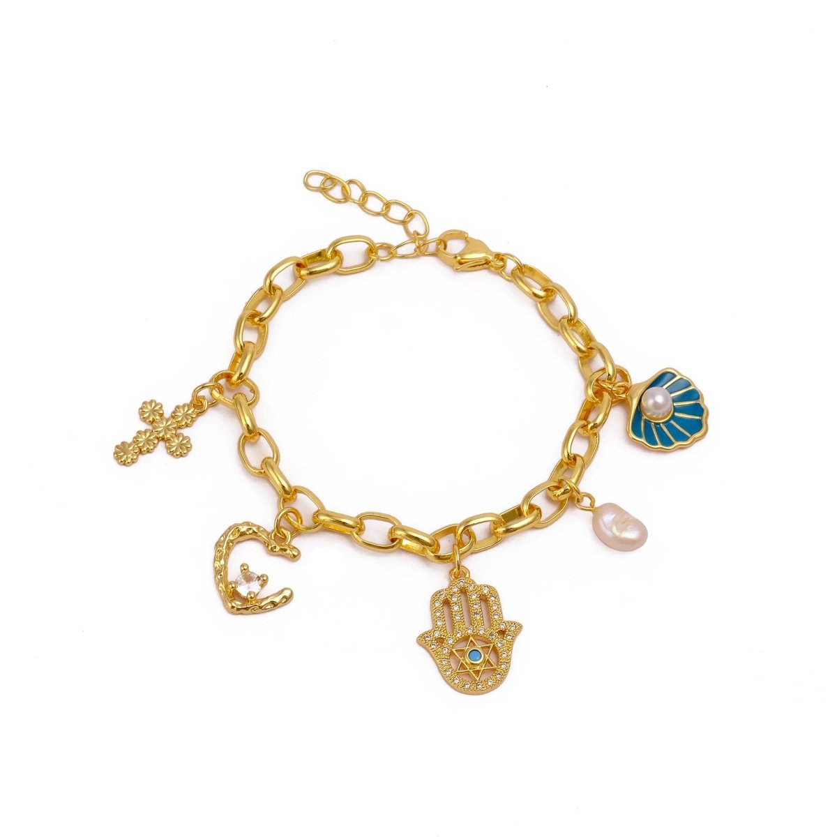 Handmade Gold Plated Charm Bracelet, Eclectic Boho Style Jewelry 5382