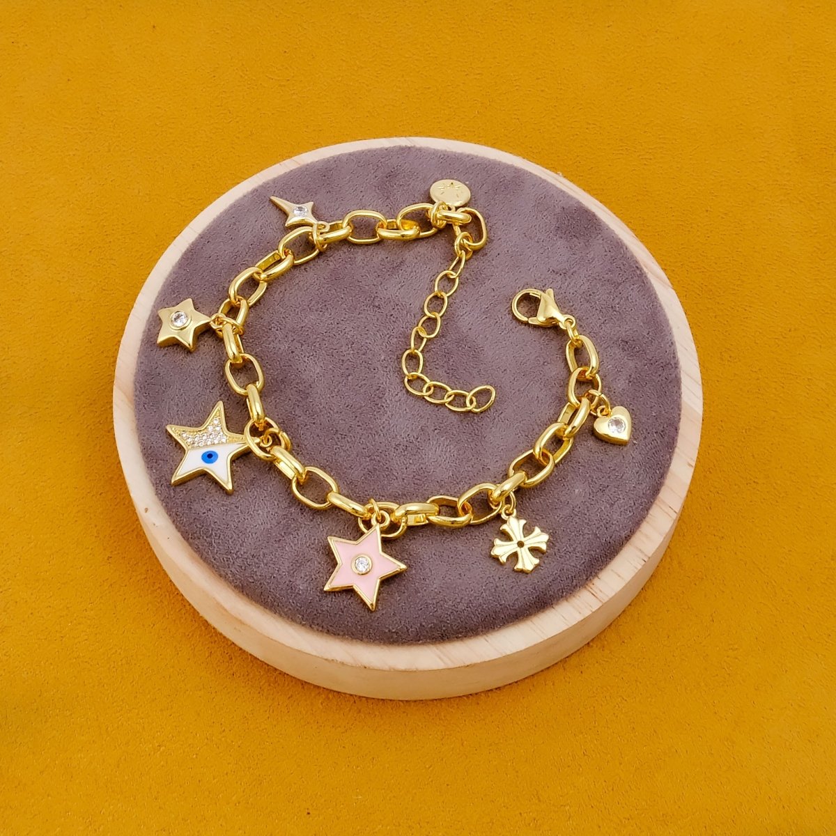 Handmade Gold Plated Charm Bracelet, Eclectic Boho Style Jewelry 5382