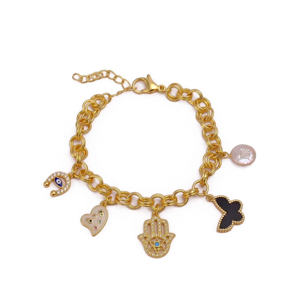 Handmade Gold Plated Charm Bracelet, Eclectic Boho Style Jewelry 5382