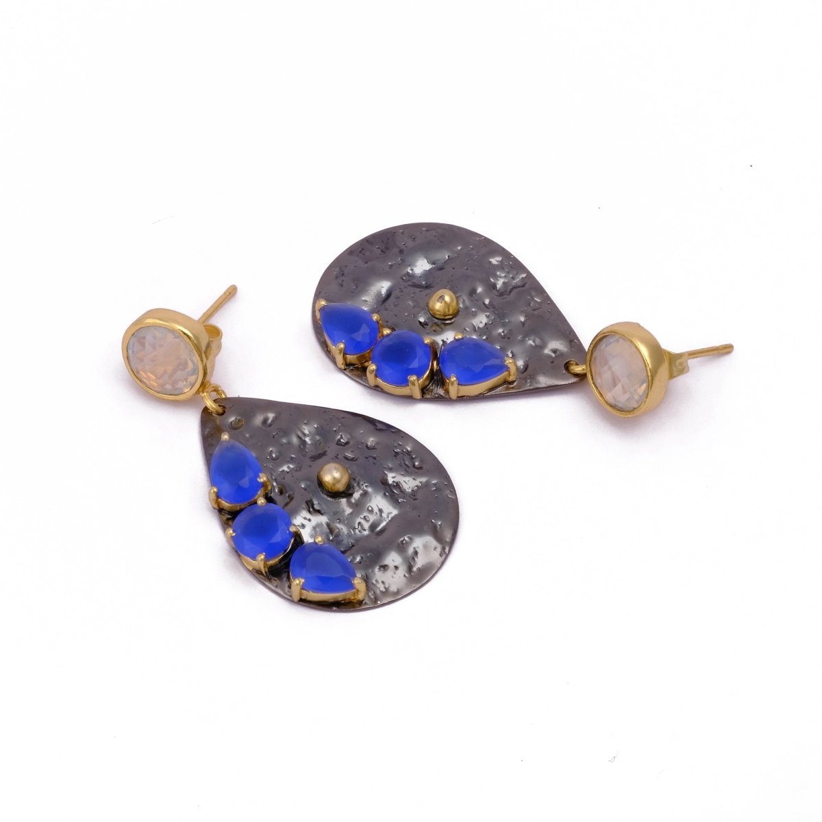 Handmade Teardrop Black Oxidized Earrings with Blue Chalcedony Gemstone Earrings with Prong Setting, Hammered Style Dangle Drop Earrings For Women. S