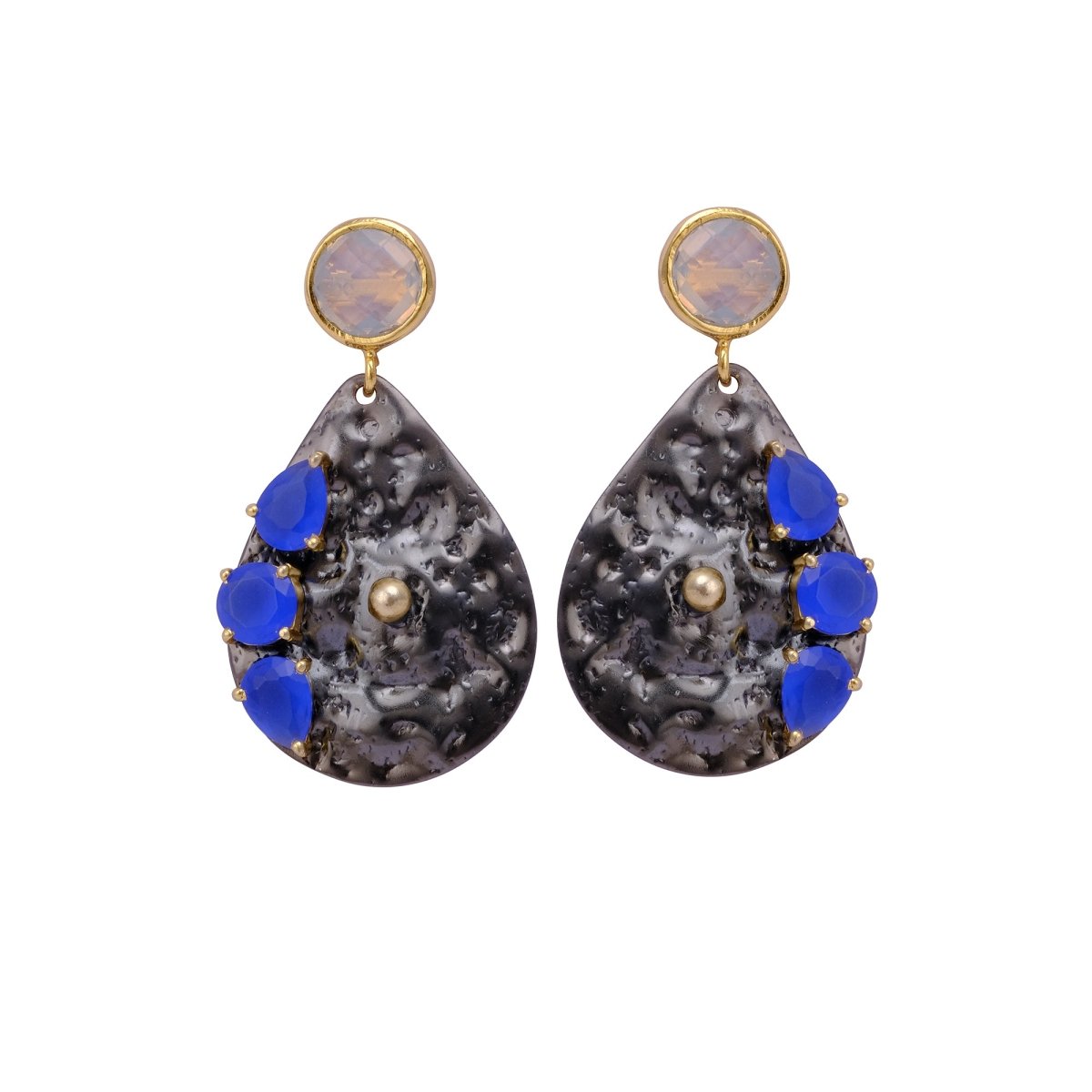Handmade Teardrop Black Oxidized Earrings with Blue Chalcedony Gemstone Earrings with Prong Setting, Hammered Style Dangle Drop Earrings For Women. S