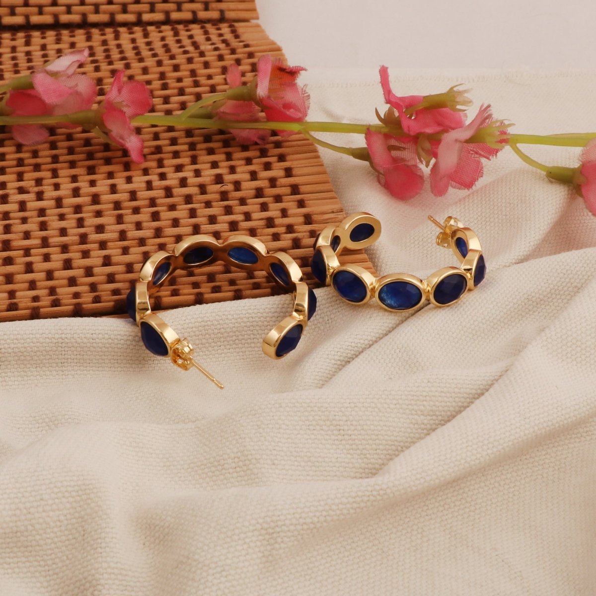 Hoop Earrings with Emerald Quartz Stone, Dainty Statement Earrings for Women CE - 1005