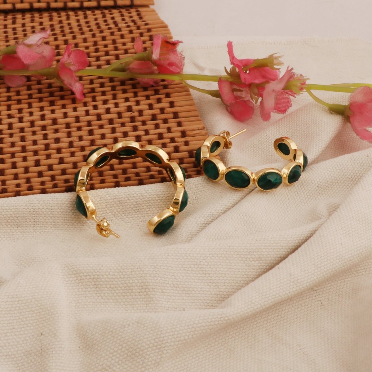 Hoop Earrings with Emerald Quartz Stone, Dainty Statement Earrings for Women CE - 1005