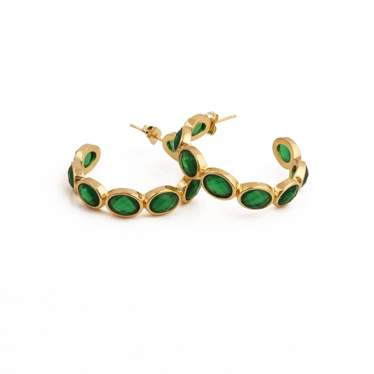 Hoop Earrings with Emerald Quartz Stone, Dainty Statement Earrings for Women CE - 1005