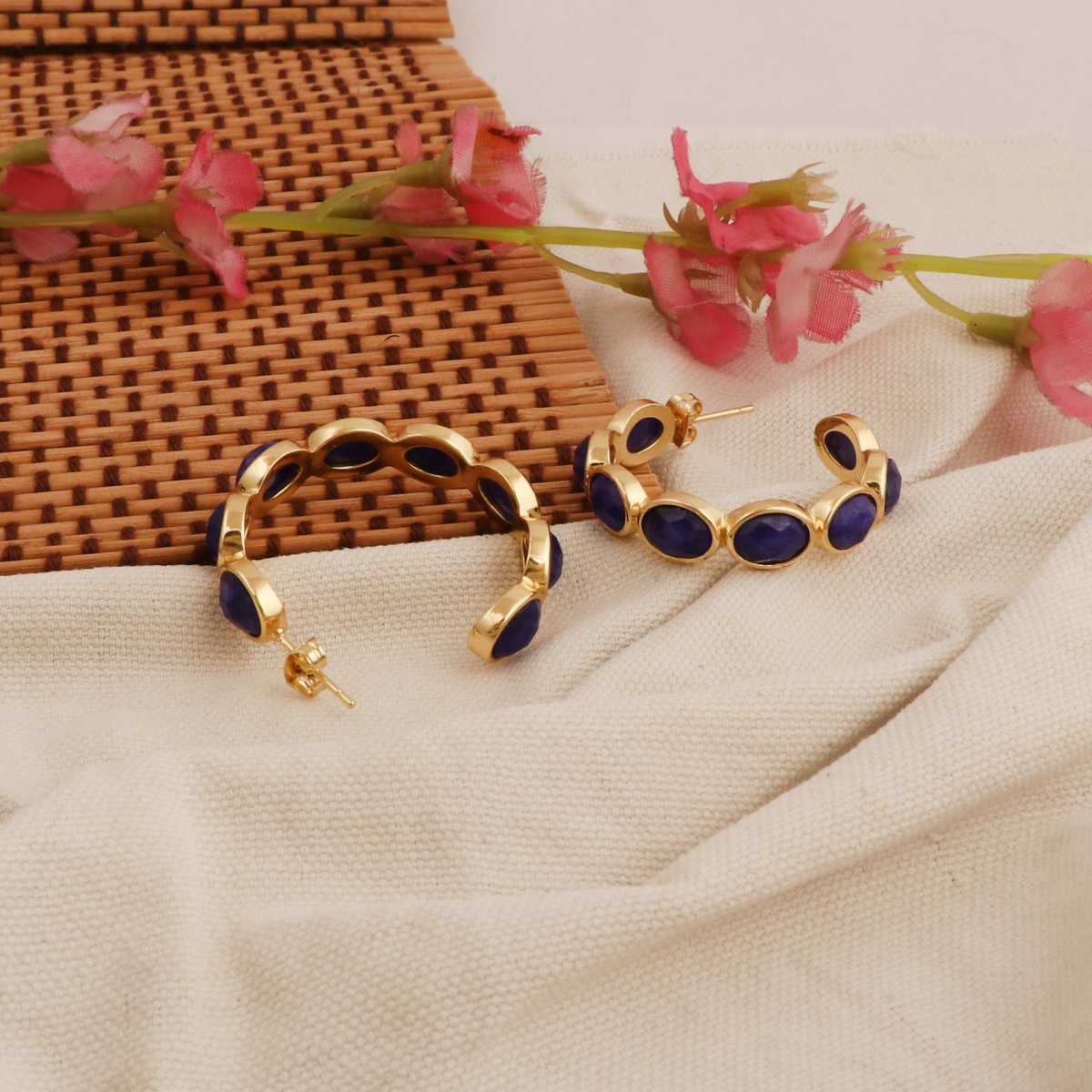 Hoop Earrings with Emerald Quartz Stone, Dainty Statement Earrings for Women CE - 1005