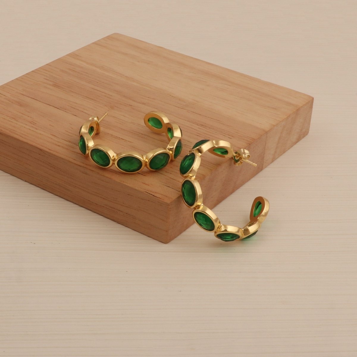 Hoop Earrings with Emerald Quartz Stone, Dainty Statement Earrings for Women CE - 1005
