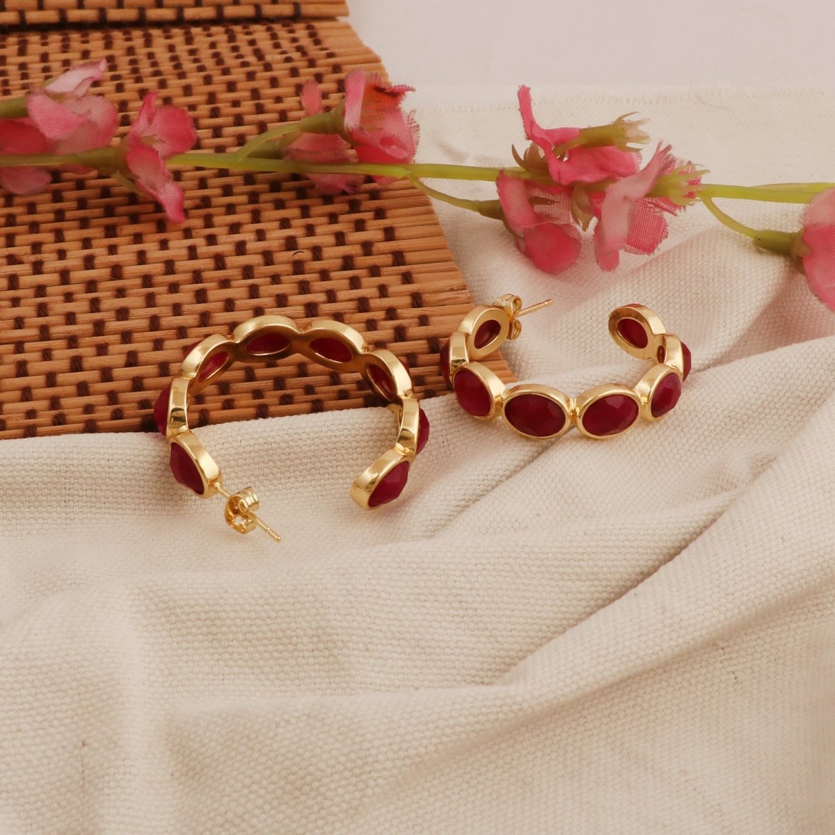 Hoop Earrings with Emerald Quartz Stone, Dainty Statement Earrings for Women CE - 1005