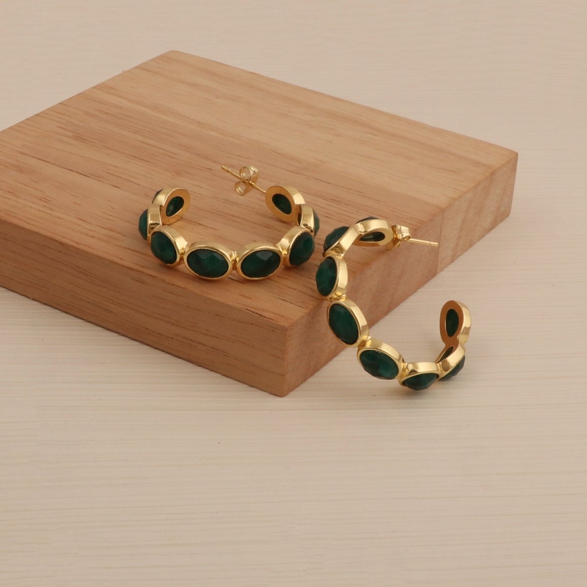 Hoop Earrings with Emerald Quartz Stone, Dainty Statement Earrings for Women CE - 1005