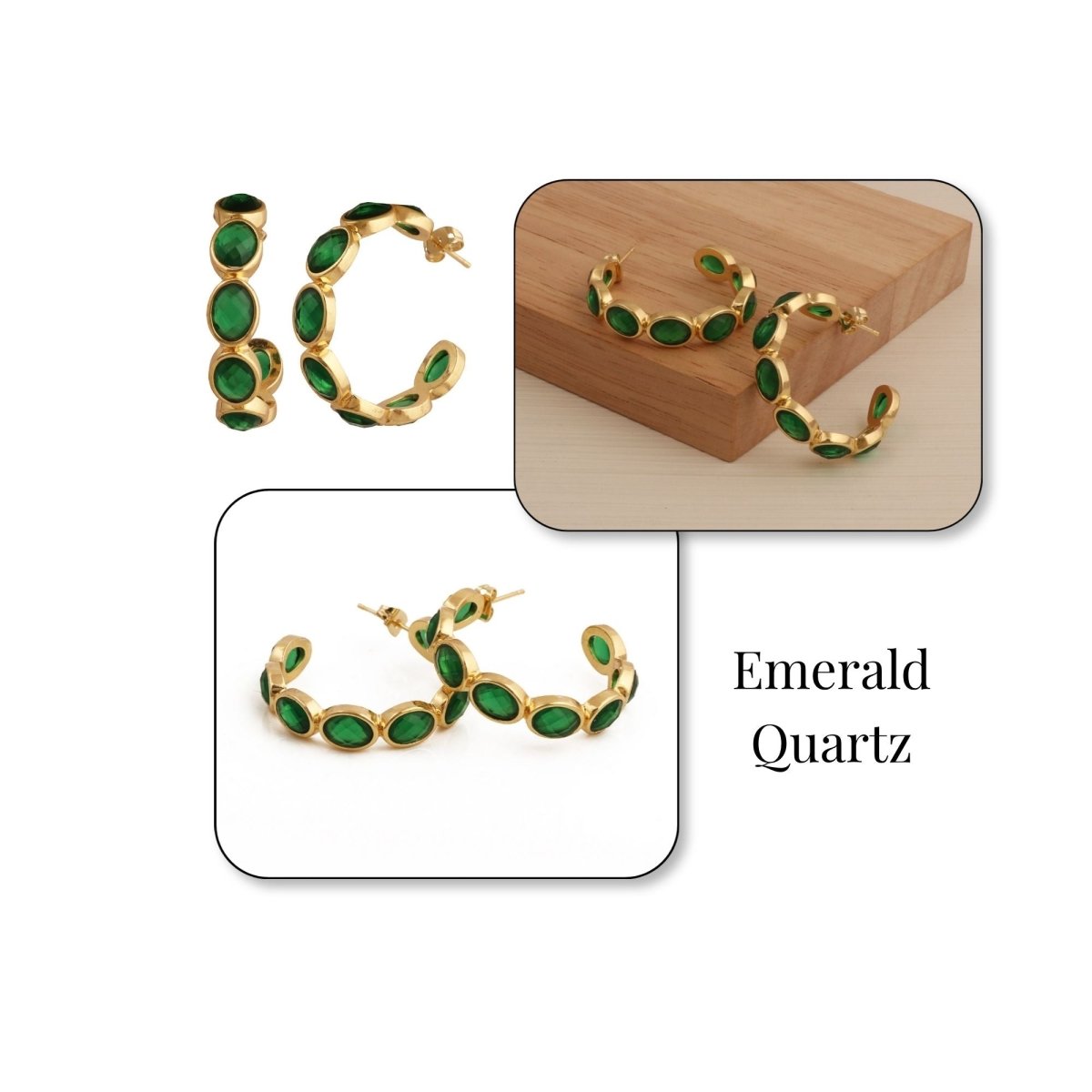 Hoop Earrings with Emerald Quartz Stone, Dainty Statement Earrings for Women CE - 1005
