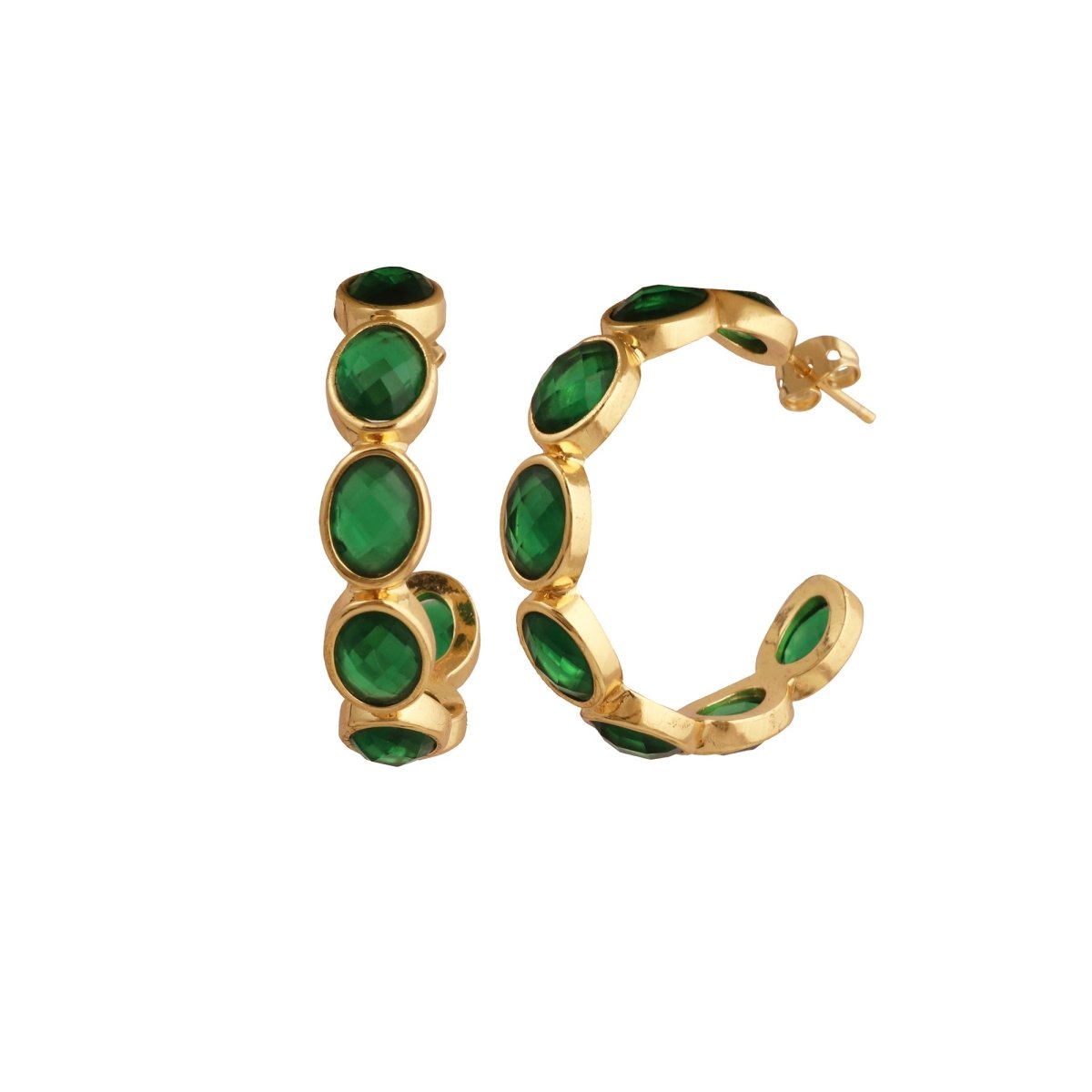 Hoop Earrings with Emerald Quartz Stone, Dainty Statement Earrings for Women CE - 1005