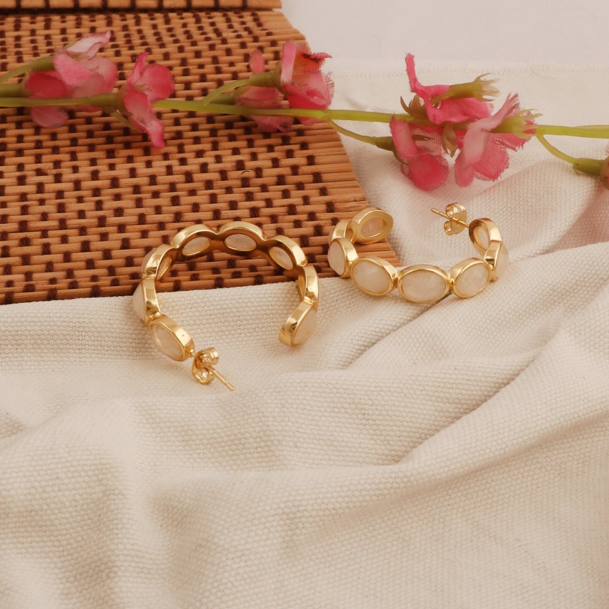 Hoop Earrings with Emerald Quartz Stone, Dainty Statement Earrings for Women CE - 1005