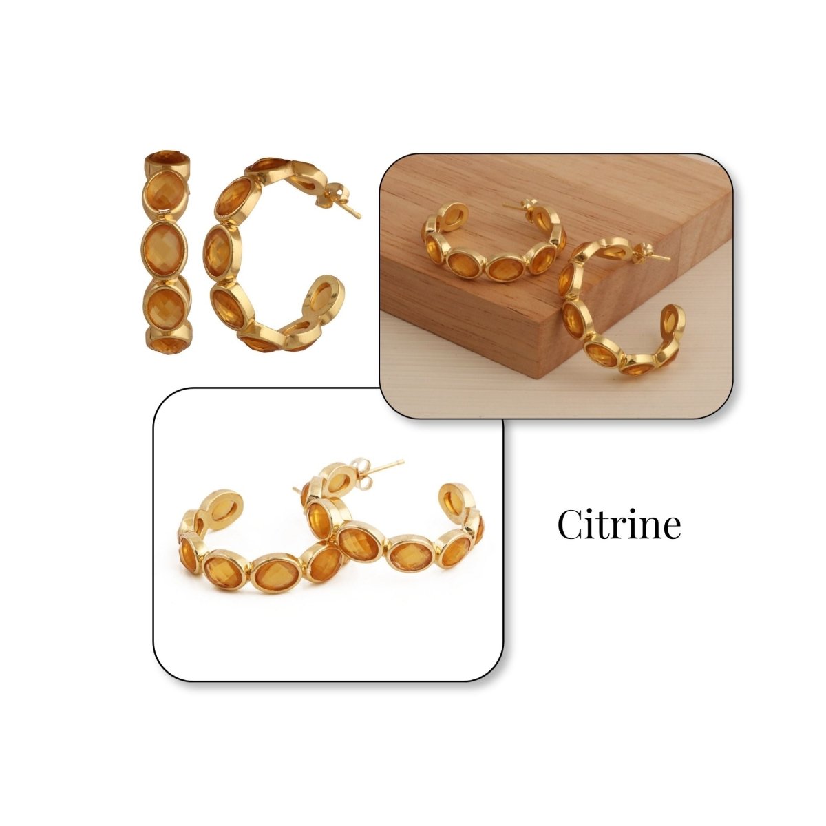 Hoop Earrings with Emerald Quartz Stone, Dainty Statement Earrings for Women CE - 1005