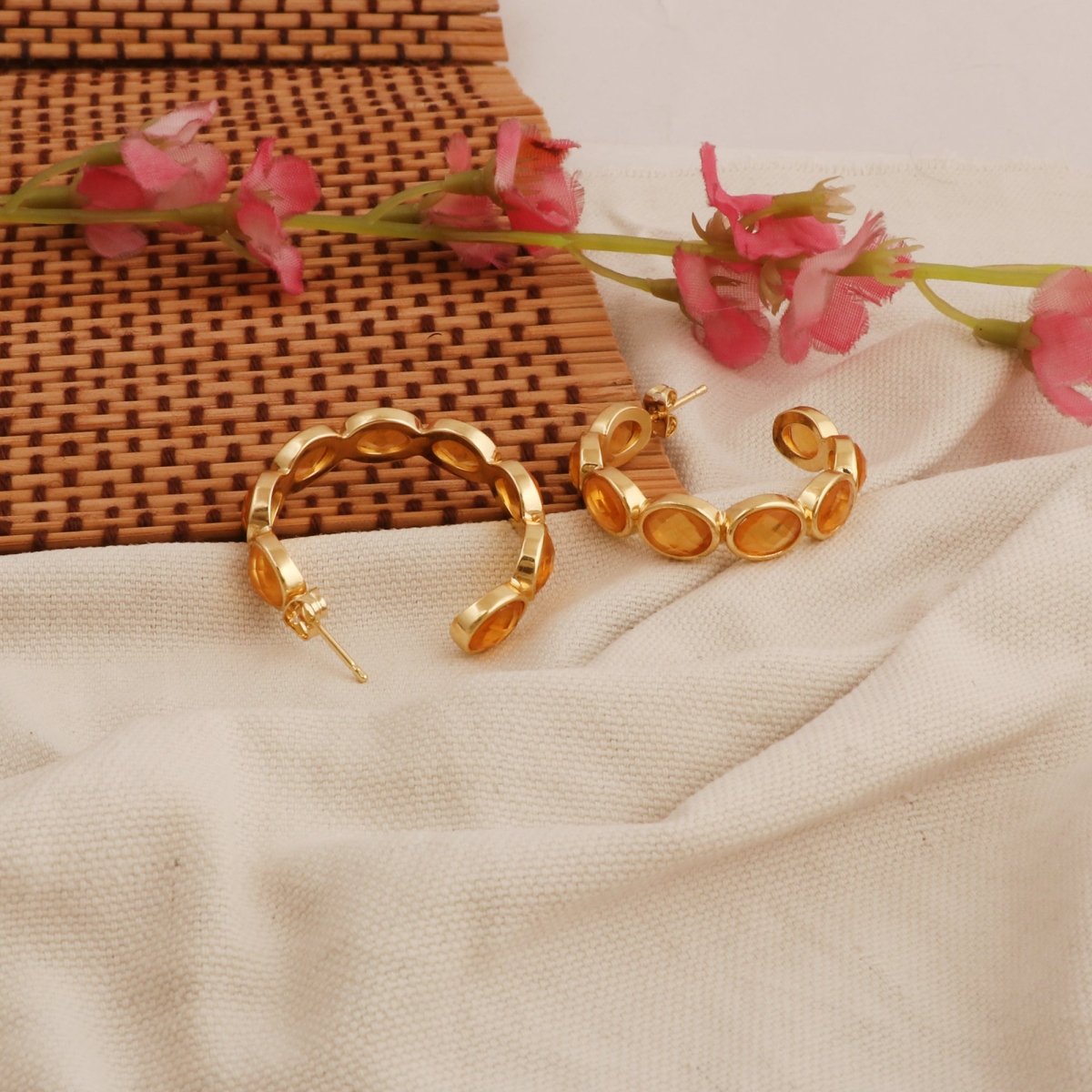 Hoop Earrings with Emerald Quartz Stone, Dainty Statement Earrings for Women CE - 1005