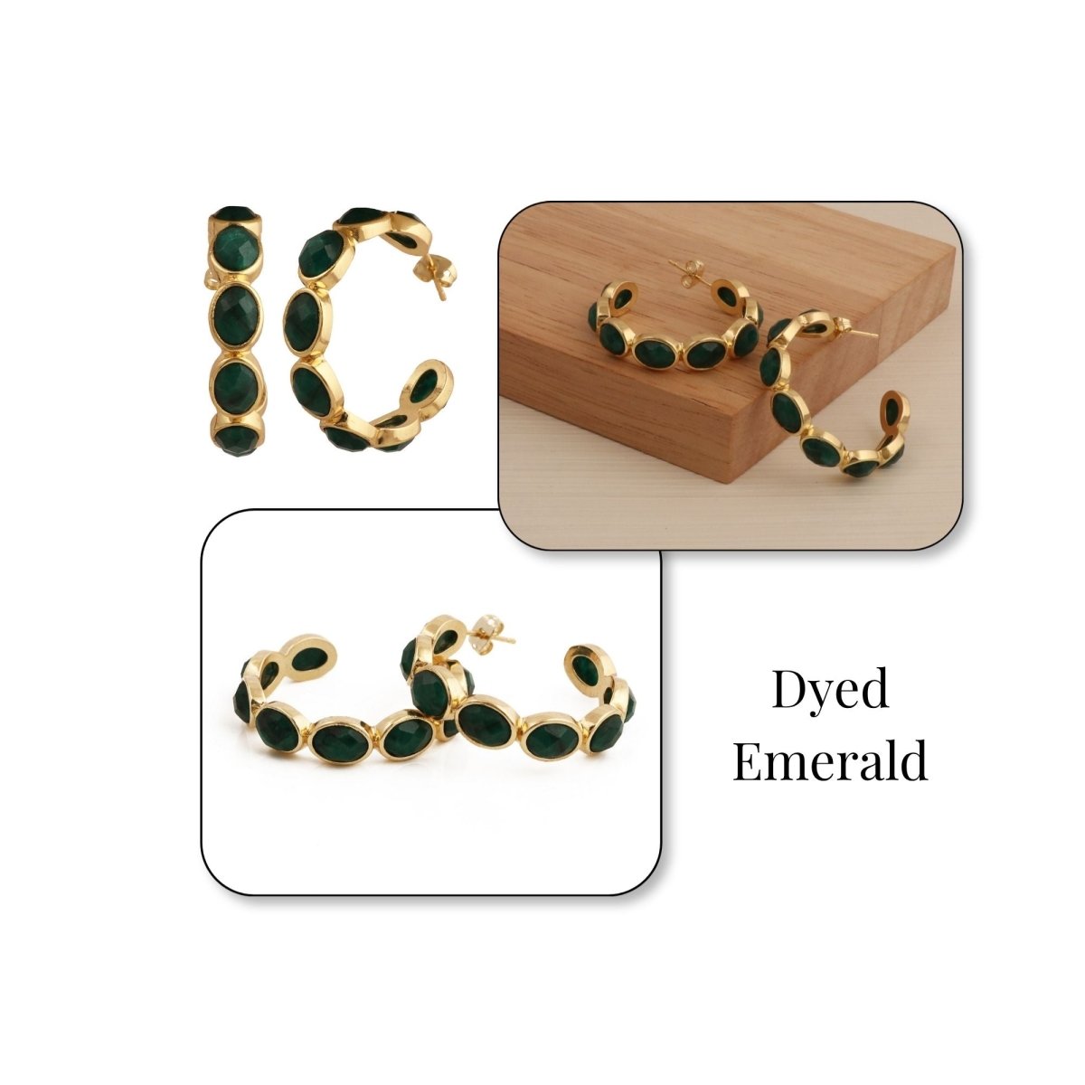 Hoop Earrings with Emerald Quartz Stone, Dainty Statement Earrings for Women CE - 1005