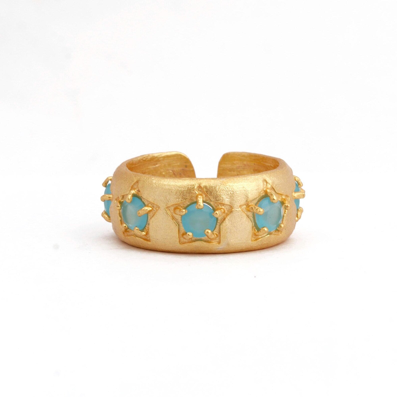 Emerald Quartz Ring Gold Plated Prong Setting Gemstone Adjustable Open Band Ring Aqua Chalcedony