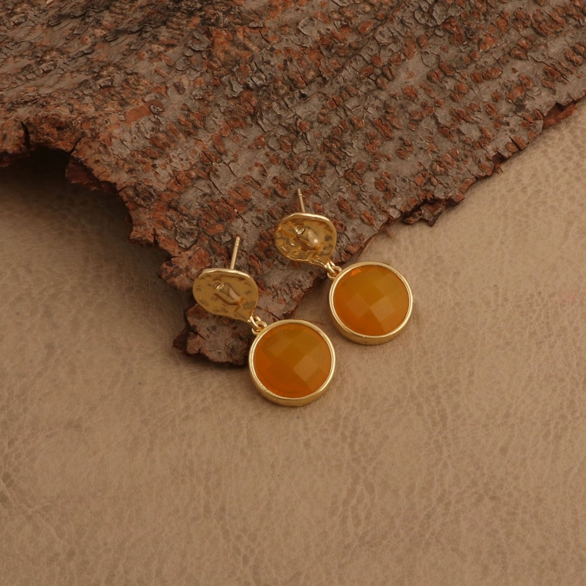 Iolite Round Shape Faceted Drop Earrings with Hammered Gold Plated Stud CE - 1038