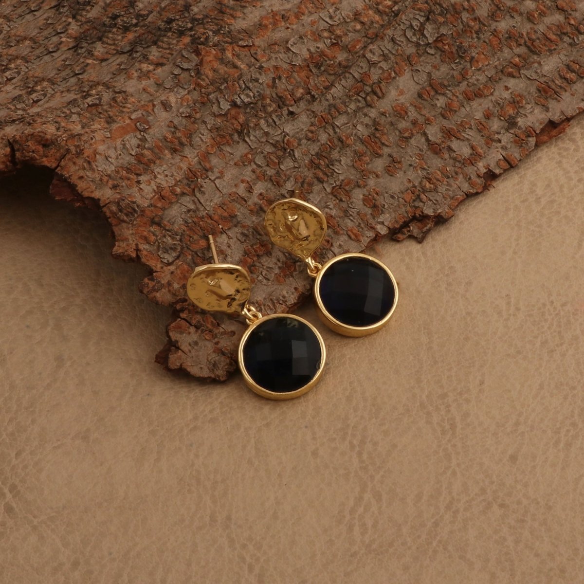 Iolite Round Shape Faceted Drop Earrings with Hammered Gold Plated Stud CE - 1038