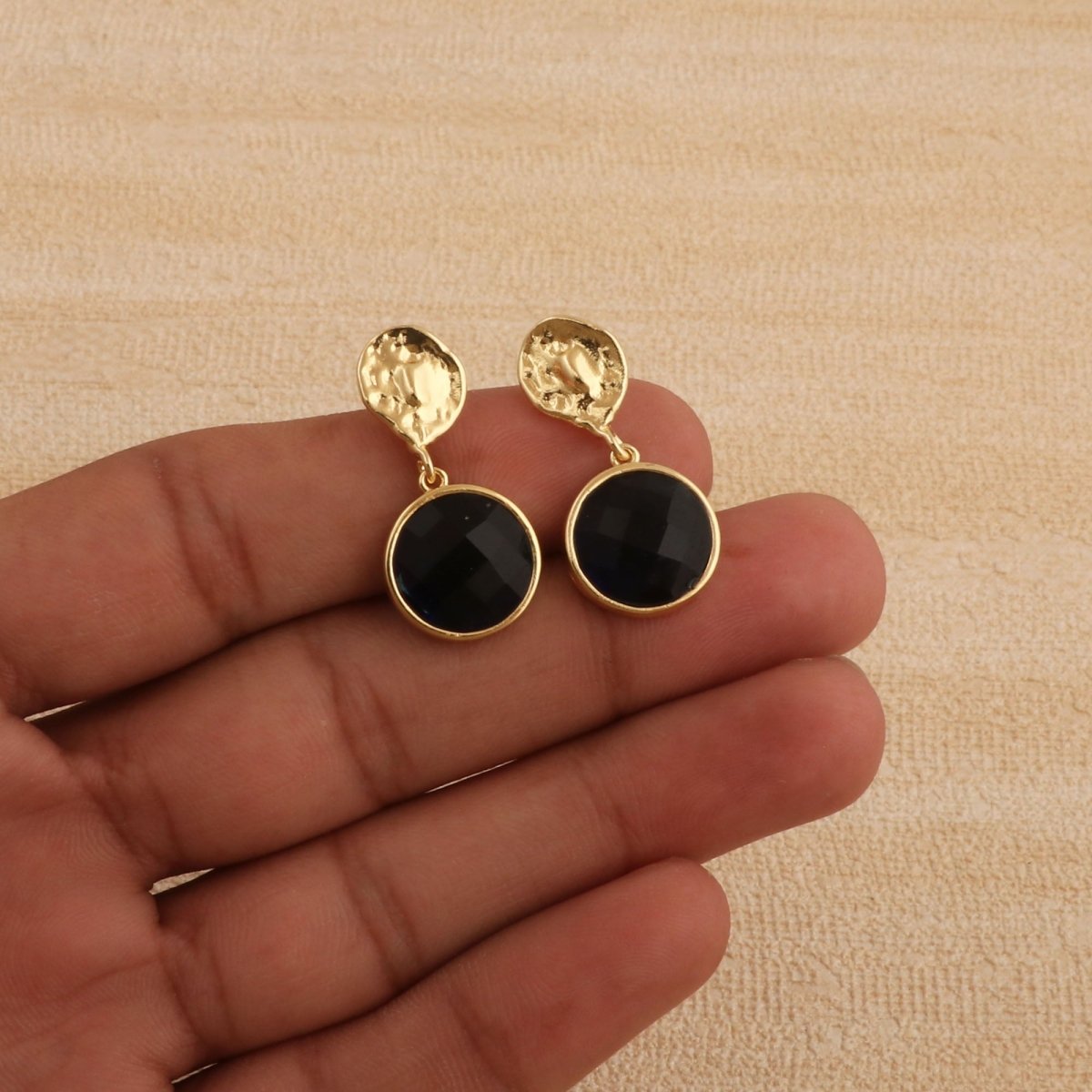 Iolite Round Shape Faceted Drop Earrings with Hammered Gold Plated Stud CE - 1038
