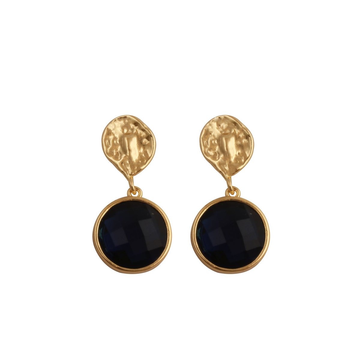 Iolite Round Shape Faceted Drop Earrings with Hammered Gold Plated Stud CE - 1038