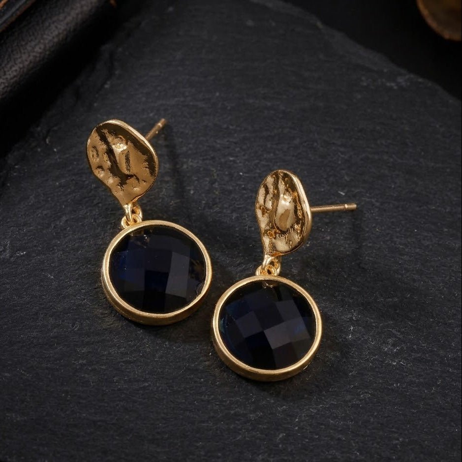 Iolite Round Shape Faceted Drop Earrings with Hammered Gold Plated Stud CE - 1038