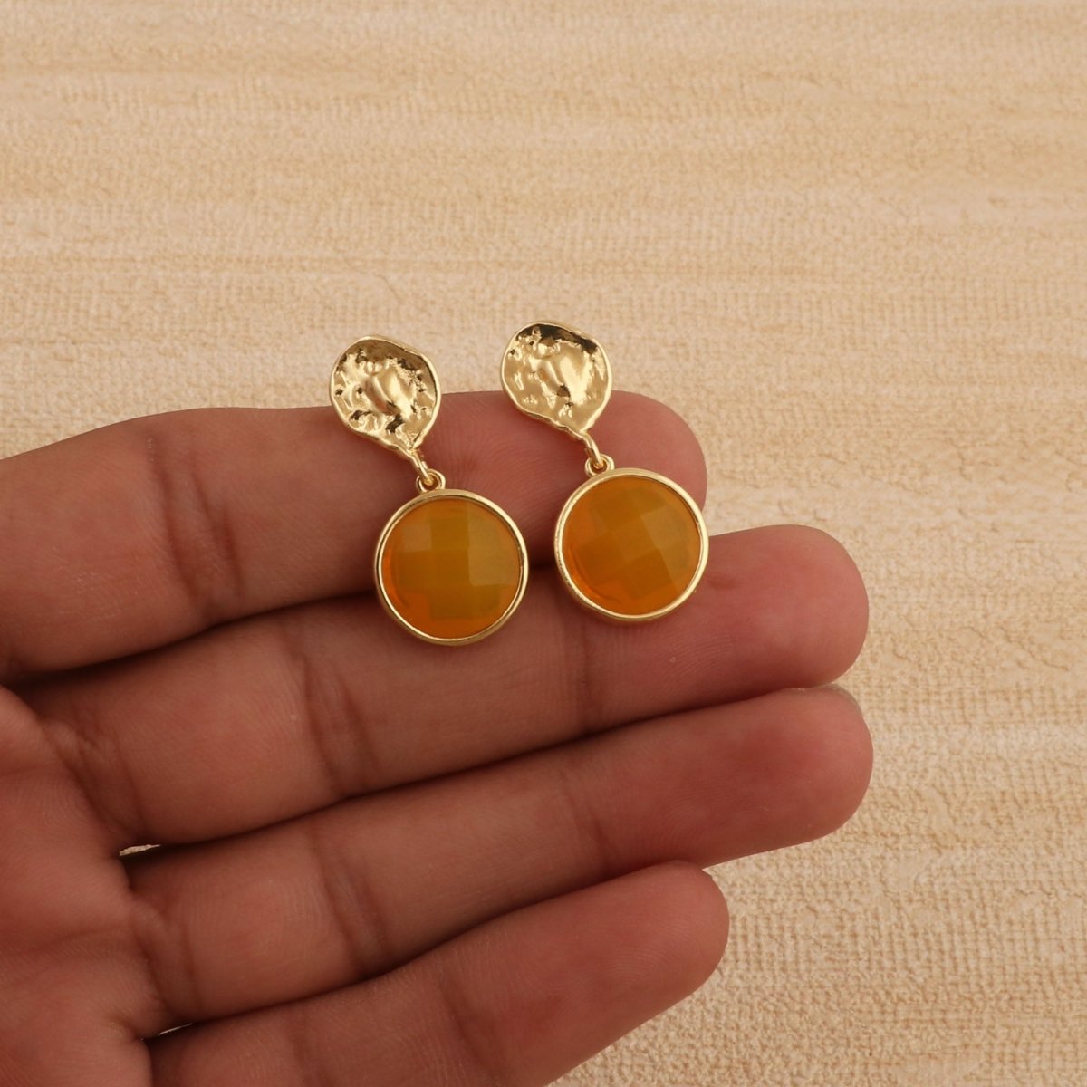 Iolite Round Shape Faceted Drop Earrings with Hammered Gold Plated Stud CE - 1038