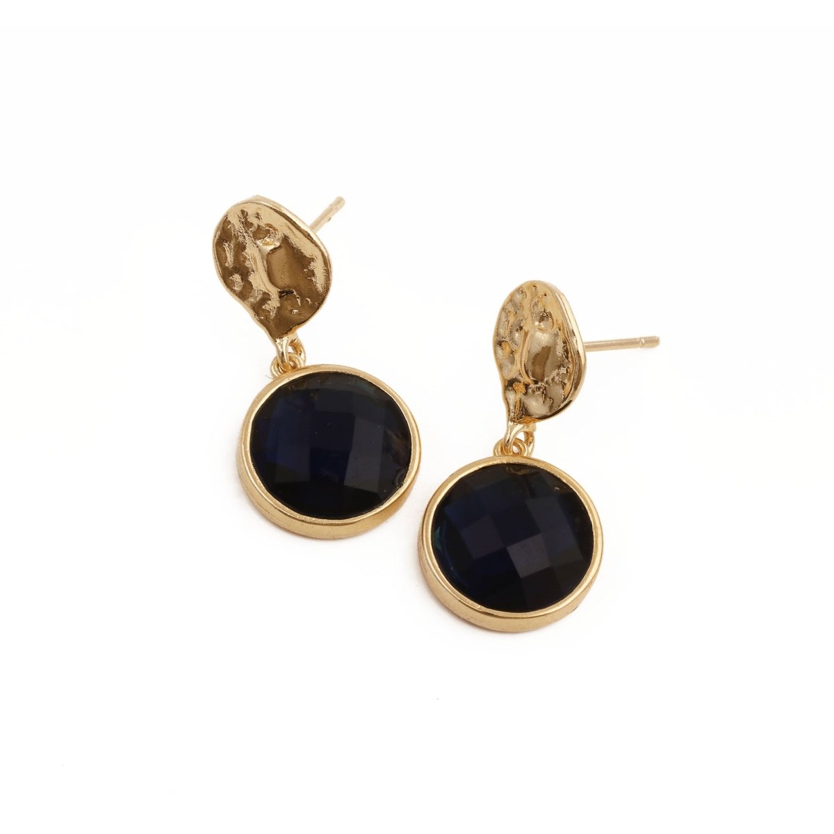 Iolite Round Shape Faceted Drop Earrings with Hammered Gold Plated Stud CE - 1038