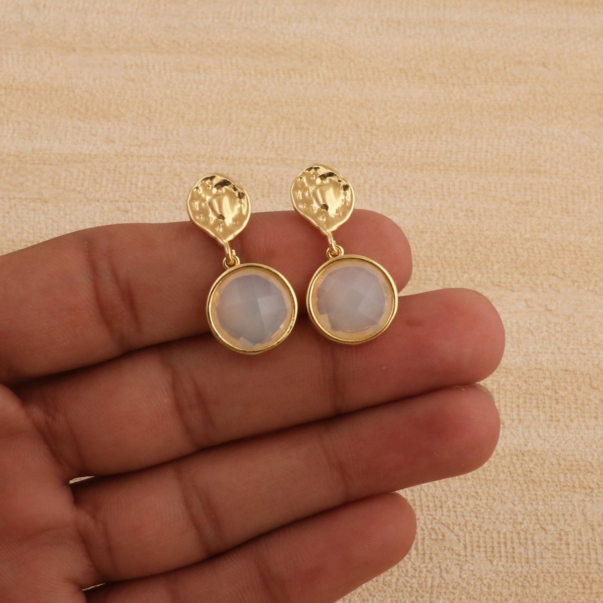 Iolite Round Shape Faceted Drop Earrings with Hammered Gold Plated Stud CE - 1038