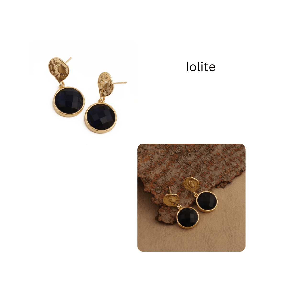 Iolite Round Shape Faceted Drop Earrings with Hammered Gold Plated Stud CE - 1038