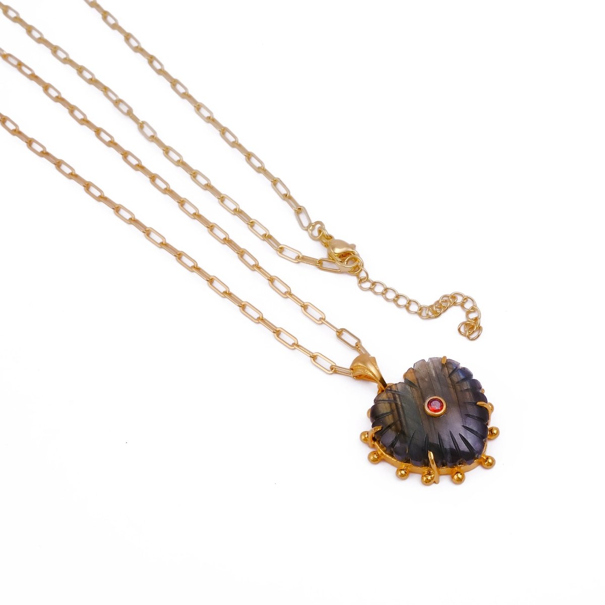 Labradorite Gemstone Heart Shape Carved Pendant Necklaces, Gold Plated Prong Set 5286