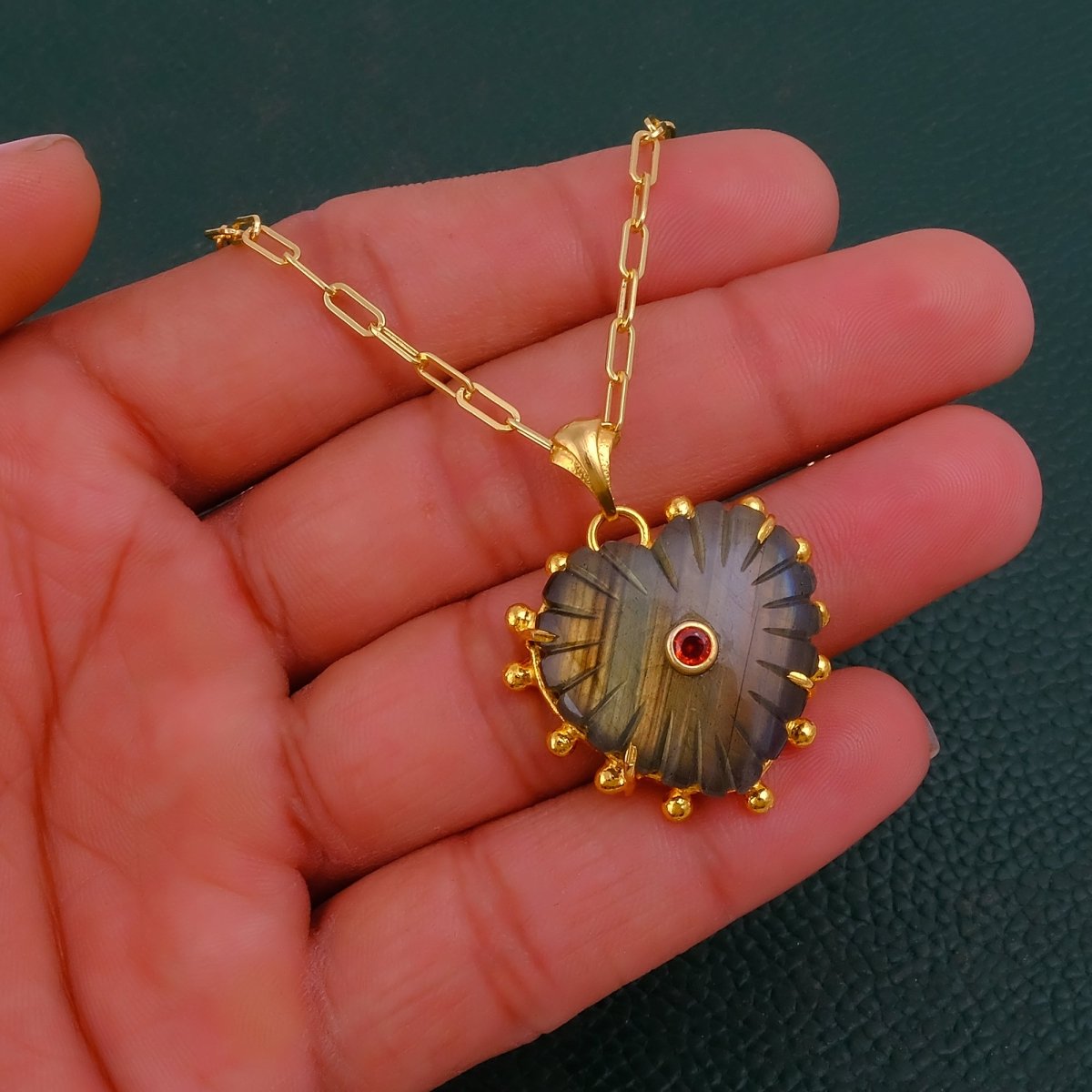 Labradorite Gemstone Heart Shape Carved Pendant Necklaces, Gold Plated Prong Set 5286