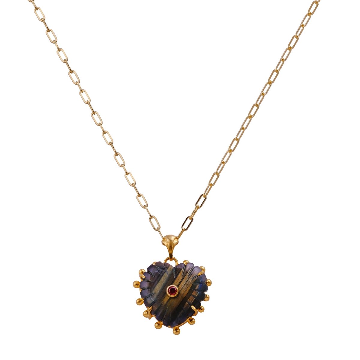 Labradorite Gemstone Heart Shape Carved Pendant Necklaces, Gold Plated Prong Set 5286