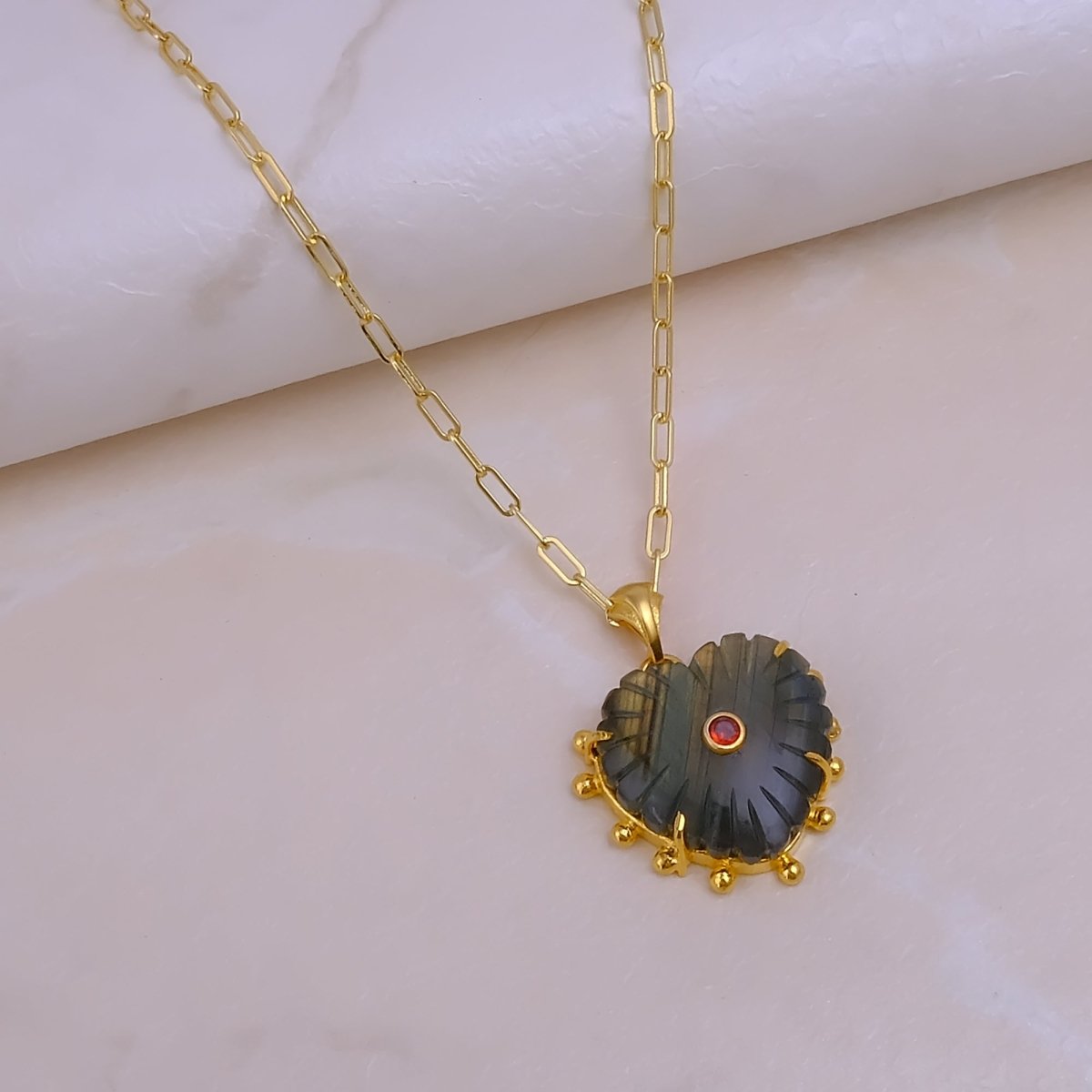 Labradorite Gemstone Heart Shape Carved Pendant Necklaces, Gold Plated Prong Set 5286